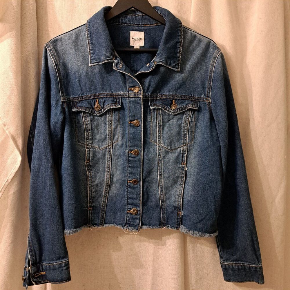 Kensie Jean Frayed Hem Boyfriend Denim Jacket, Large